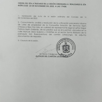 ORDENDEL DÍA A TRATARSE EN LA SESIÓN ORDINARIA A REALIZARSE EL DÍA MIÉRCOLES 23 DE NOVIEMBRE DEL 2022, A LAS 17:00